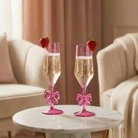 OHS Set of 2 Bow Picnic Flute Glasses Plastic Reusable Champagne Glass in Pink | Size: 2 Pack