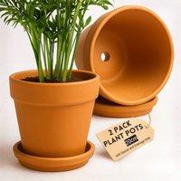 Green Thumbz 20cm Terracotta Plant Pots with Saucer for Flowers, Herbs & Plants - Pack of 2 | Size: Large