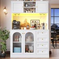 Rolipo White Farmhouse Sideboard Kitchen Cabinet with LED & Glass Doors