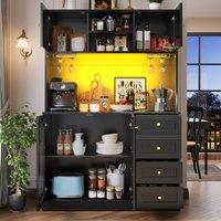 Rolipo Black Farmhouse Buffet Cabinet with LED & Fluted Glass Doors 120cm