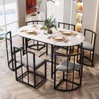 Rolipo 6 Seater White Dining Table Set with Grey Velvet Chairs & Black Frame