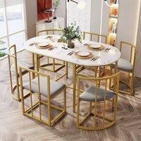 Rolipo Modern White Dining Table Set with 6 Grey Velvet Chairs & Gold Legs
