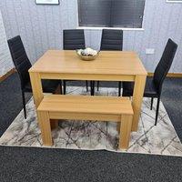 KOSY KOALA 6 Seater Light Wood Effect Dining Table Set 4 Chairs Bench Metal Legs in Brown