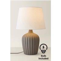 ValueLights Serena Natural Tapered Linen Lamp Shade Ribbed Ceramic Table Lamp with LED Bulb in Grey
