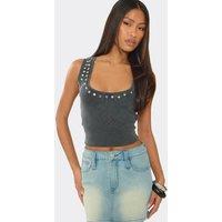 EGO Women's Sleeveless Square Neck Studded Ribbed Vest in Dark Grey | Size: 6