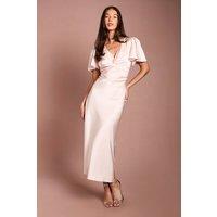 Oasis Women's Blush Satin Twist Front Angel Sleeve Midi Bridesmaid Dress | Size: 6