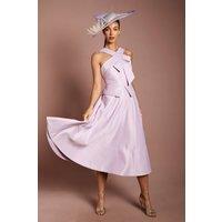Coast Women's Lisa Tan Cross Neck Structured Satin Bow Detail Midi Dress in Lilac | Size: 14