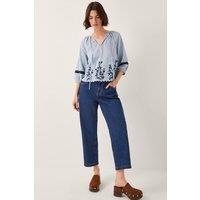 Monsoon Women's Cara Embroidered Stripe Blouse Blue | Size: 2XL