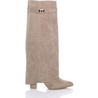 AJVANI Women's High Block Heel Pointed Toe Fold Over Knee Boots in Khaki | Size: 5