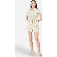 Yumi Women's Embroidered Palm Print Cotton Playsuit In White in Cream | Size: Small