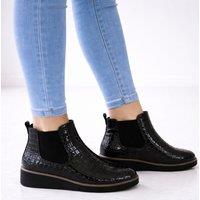 ABSOLUTE FOOTWEAR Women's Faux Patent Leather Wedge Ankle Chelsea Boots with Twin Gusset in Black | Size: 6