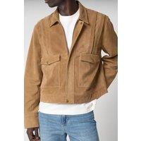 Barneys Originals Men's Pleated Real Suede Harrington Jacket in Tan | Size: XL