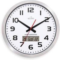 Acctim Meridian Radio Controlled Wall Clock LCD Date & Thermometer Display in Metallic Silver