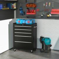 HOMCOM 5-Drawer Lockable Steel Tool Storage Cabinet Wheels Handle 2 Keys in Black