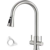 Dayone Stylish Kitchen Tap Dual Lever 360 Swivel Brushed Stainless Steel in Silver