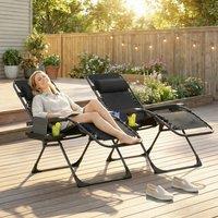VOGREX Chairs Set of 2, Folding Sunloungers with Cup Holder Black