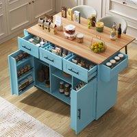 Matteo Foldable Wood Grain Kitchen Island - Dining Cart with 3 Drawers in Blue