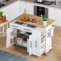 Matteo White Kitchen Island with Drop Leaf & Storage - Rolling Kitchen Cart