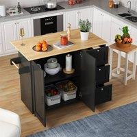 Matteo Kitchen Island on Wheels - Foldable Tabletop, 3 Drawers, Black MDF