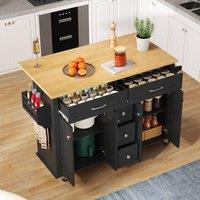 Matteo Black & Natural Kitchen Island Trolley, Foldable Top, Storage