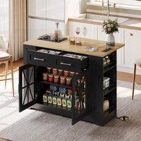 Matteo Mobile Kitchen Island - Foldable Top, Power Sockets - Black/Natural in Black