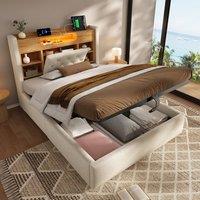 Matteo Upholstered Double Bed Frame - Hydraulic Storage, LED & USB in Beige