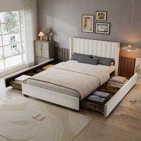 Matteo Velvet Upholstered Storage Double Bed Frame with Drawers, 4ft6 in Beige