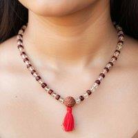 The Colourful Aura Rudraksha Beaded Tassel Necklace - 16 in, Unisex in Brown | Size: 16 inches