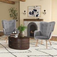 HOMCOM Modern Accent Chair Velvet-Touch Tufted Wingback Armchair Set of 2 in Grey