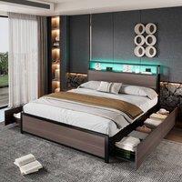 BTM Grey Iron Bed with LED, 4 Drawers & USB-C Charging | Size: Double