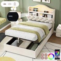 BTM 3ft Single Hydraulic Bed Frame LED USB Storage Velvet Bed in Beige