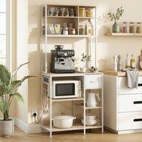 HOMCOM Kitchen Bakers Rack, Microwave Stand with Storage Shelves & 6 Hooks in Natural