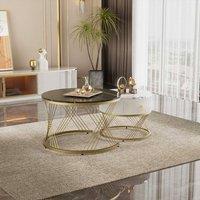STILVORA Nesting Coffee Table Set with Drawer & Marble-Effect Top in Black