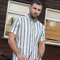 Peter Gribby Men's Short Sleeve Ecru Stripe Shirt in Cream | Size: Medium