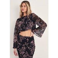 NastyGal Women's Floral Button Through Cropped Fluted Sleeve Top in Black | Size: 8