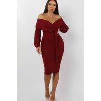 Femme Luxe Women's Belted Bodycon Midi Dress in Wine | Size: 6