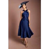 Coast Women's Lisa Tan Cross Neck Structured Satin Bow Detail Midi Dress in Navy | Size: 18