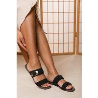 Where's That From Women's 'Alvane' Dual Strap Flat Sliders with Buckle Detail in Black | Size: 6
