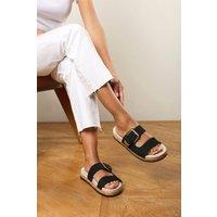 Where's That From Women's 'Brelia' Dual Strap Flat Sandals with Buckle Closure in Black | Size: 5