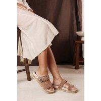 Where's That From Women's 'Brelia' Dual Strap Flat Sandals with Buckle Closure in Camel | Size: 4