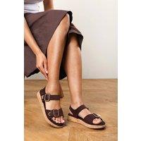 Where's That From Women's 'Cevina' Low Wedge Sandals with Dual Buckle Closure Straps in Dark Brown | Size: 7