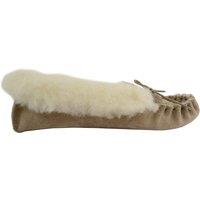 SNUGRUGS Women's Suede Moccasin Slippers, Wool Lining & Cuff, Suede Sole. Made in UK in Beige | Size: 8
