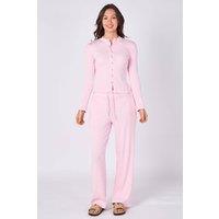 ELAINA FASHION Women's Ribbed Button-Up Co-Ord Set in Baby Pink | Size: Medium/Large