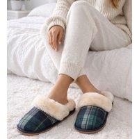 SNUGRUGS Women's Esme, Open Back Checked Sheepskin Mule Slippers with Cuff in Green | Size: 7