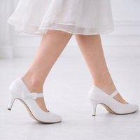 ABSOLUTE FOOTWEAR Women's High Heel Court Shoe Satin Look Asymmetric Bow Trim Bar Strap in White | Size: 6