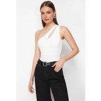 WOVCOR Women's Asymmetric Neckline Cut Out Detail Single Sleeve Fitted Body in White | Size: Medium