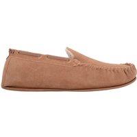 SNUGRUGS Men's Easy Slip On Suede Berber Fleece Winter Moccasin Slippers with Leather Trim in Tan | Size: 7