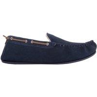 SNUGRUGS Men's Easy Slip On Suede Berber Fleece Winter Moccasin Slippers with Leather Trim in Navy | Size: 9