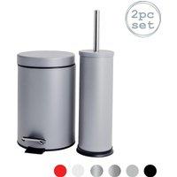 Harbour Housewares 3L Round Bathroom Bin & Brush Set - Slim Stainless Steel Bathroom Set in Grey