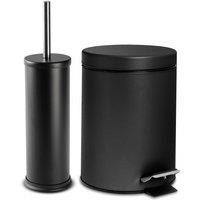 Harbour Housewares 3L Round Bathroom Bin & Brush Set - Slim Stainless Steel Bathroom Set in Black